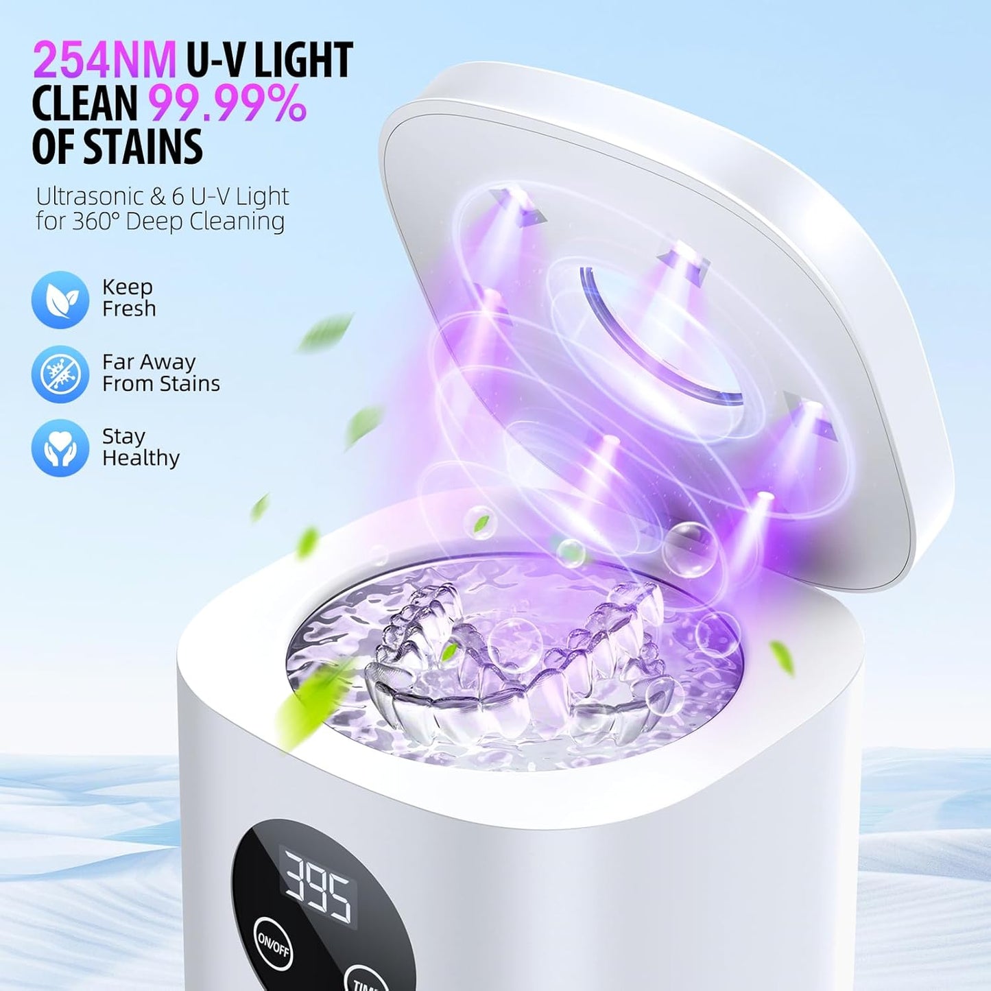 TEBAL Ultrasonic Retainer Cleaner Machine, 52kHz Ultrasonic Denture Cleaner for Night Guards, Braces, Toothbrush Heads, Jewelry and More, Ultrasonic Cleaner for Retainers with 250ML Capacity, White
