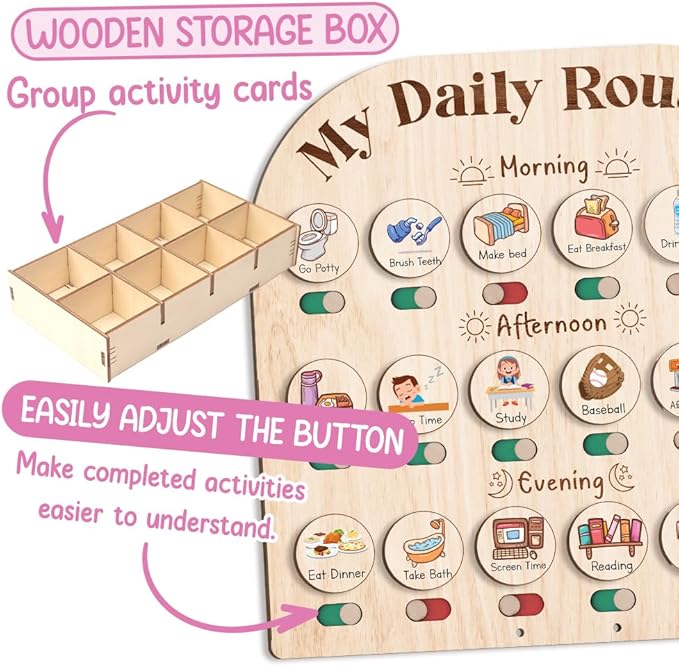 Wooden Daily Routine Chart with Reward Jar, Toddler Reward System, Morning Bedtime Routine Chart, Toddler Charts for Behavior and Routines, Wooden Chore Chart for Kids