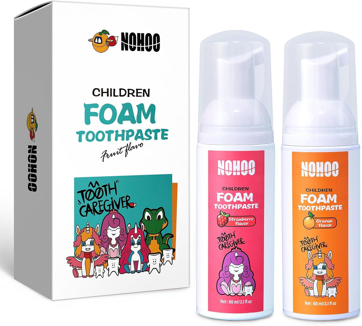 NOHOO Fluoride Free Foam Toothpaste Kids Fruit Flavour,Natural Training Toothpaste for Baby Toddler Children Oral Cleaning and Cavity Protection(Strawberry + Orange)