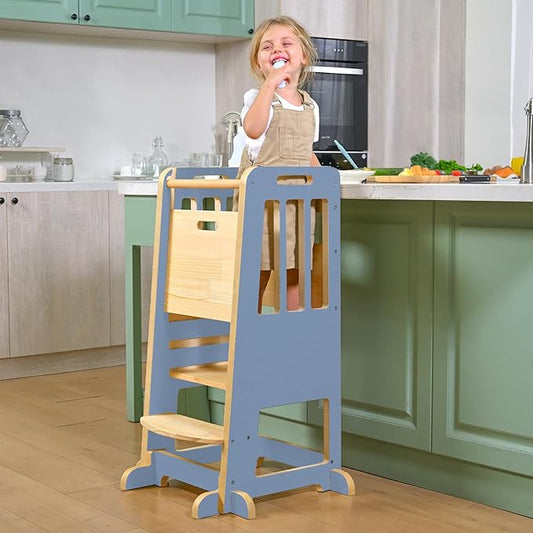 WINGYZ Toddler Kitchen Stool – Adjustable Helper Tower for Kids with Safety Rail, Wooden Standing Step-Up Stool, Sliding Door & Stable Base, Light Blue