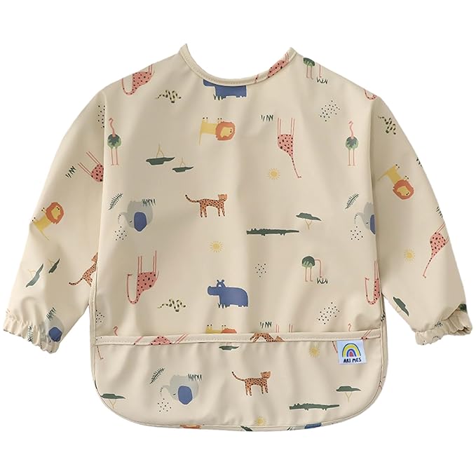 ARI MES Long Sleeves Waterproof Baby Bibs for Eating - Animals, Large- Wearable, Coverall for Toddler, Long Sleeve Bib, Smock Apron for Feeding - Applicable for 6-72 Months