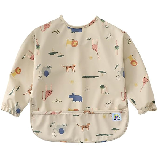 ARI MES Long Sleeves Waterproof Baby Bibs for Eating - Animals, Large- Wearable, Coverall for Toddler, Long Sleeve Bib, Smock Apron for Feeding - Applicable for 6-72 Months