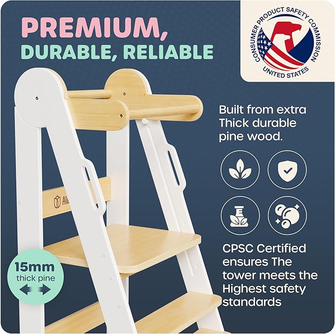 Toddler Tower - CPSC Certified Toddler Chair Tower with 3 Height Adjustable Step Stool, Safety Bar, Screw Covers - Montessori Stool for Sink, Kids Standing