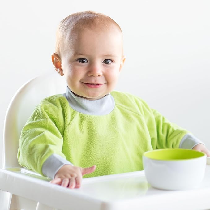 Kiddologic Bibit-all Baby Feeding Bib, Long Sleeves with Ribbed Cuffs and High Collar, Stretchy Pullover Smock, Soft Absorbent Terry, Waterproof Lining, Unisex Infant 6-12 Months, Fresh Lime (Green)