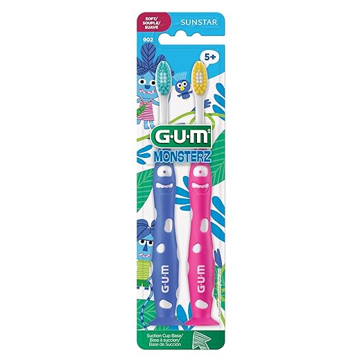 GUM Monsterz Jr Kids’ Toothbrush, Soft Bristled Children’s Toothbrush with Suction Cup, for Ages 5+, 2 Count(Pack of 6)