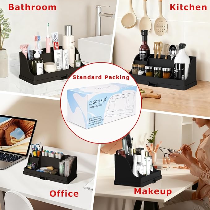 Large Toothbrush and Toothpaste Holder with Drain Tray, Black Silicone Shower Bathroom Vanity Organizer, 7 Compartments Bathroom Organizer Countertop Toothbrush Caddy