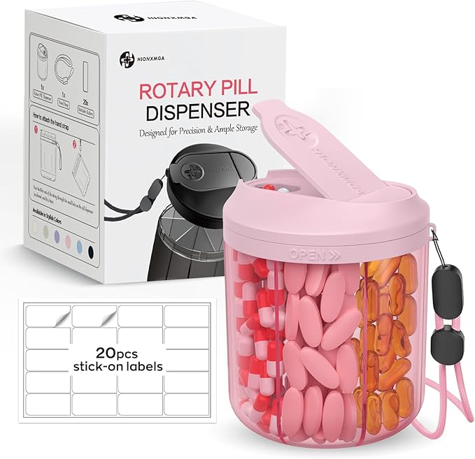 Pill Dispenser with 7 Large Compartments, 4.4" H x 3.6" Dia Pill Organizer for Travel, Supplement Organizer with Anti-Mixing Design, BPA-Free Pill Container with 20 Pcs Labels, Pink