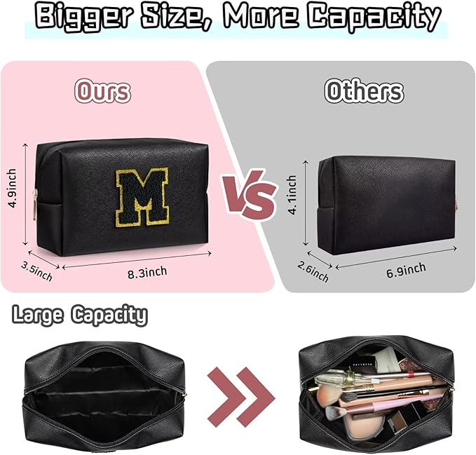 TOPEAST Preppy Makeup Bag, Small Cosmetic Travel Bags for Women, PU Leather Waterproof Toiletry Bag with Zipper, Personalized Birthday Gift for Women Girl, Preppy Gifts for Girl (Black F)