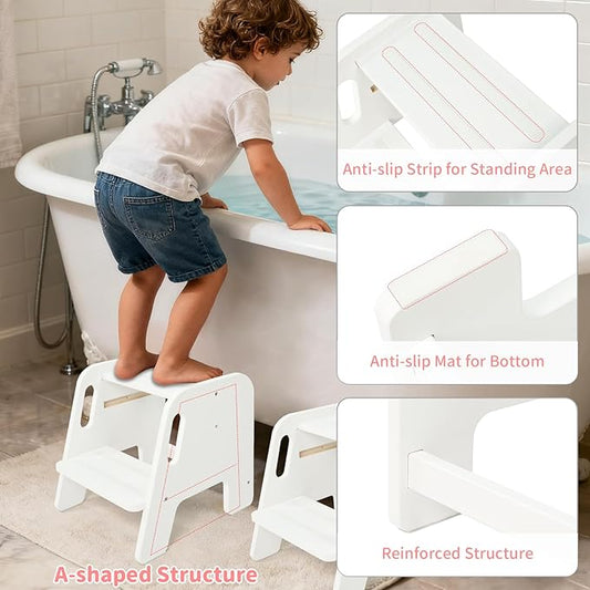 WOOD CITY Toddler Step Stool, Wooden 2 Step Stools for Bathroom Sink Potty Training Kitchen Dual Height Stool Helper for Kids Bonus Non-Slip Pads and Handles for Safety (2 Pack White)