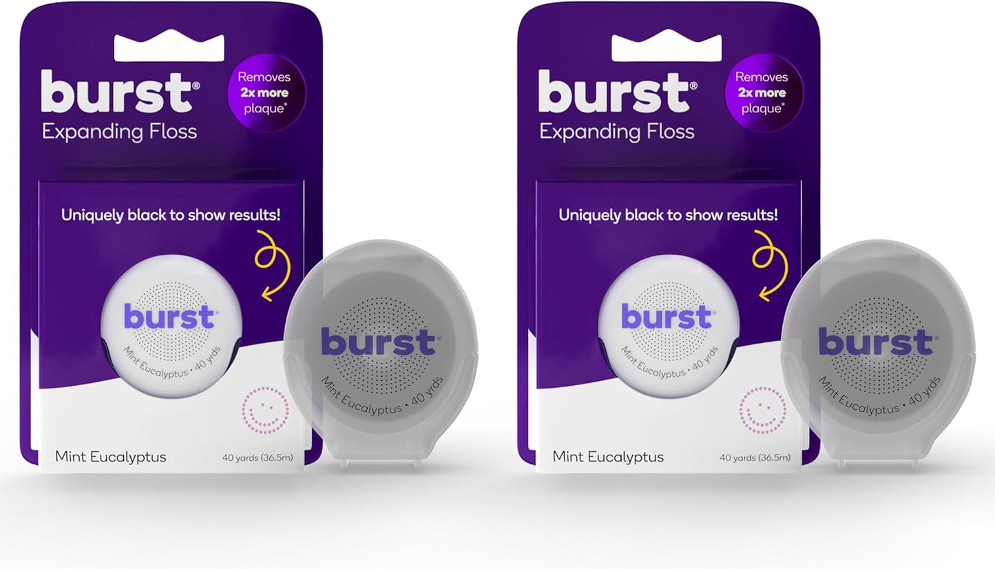 Burst Expanding Dental Floss (Mint Eucalyptus/80 Yards) | Stain Absorbing & Woven Tooth Floss with Xylitol Coating to Fight Cavities | Vegan | Paraben Free Expanding Floss