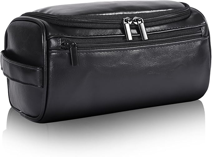Toiletry Bag for Men, Hanging Travel Shaving Dopp Kit for Men and Women, Water-resistant Toiletries Organizer Bags, PU Leather Cosmetic Bags for Makeup Accessories (Black)
