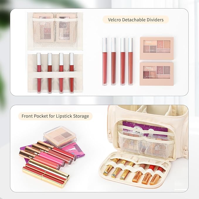 Large Makeup Bag, Portable Travel Makeup Bag Organizer for Women Girls with Makeup Brush Compartment & Two Side Pockets, Cosmetic Travel Bag Vertical Storage Toiletry - White