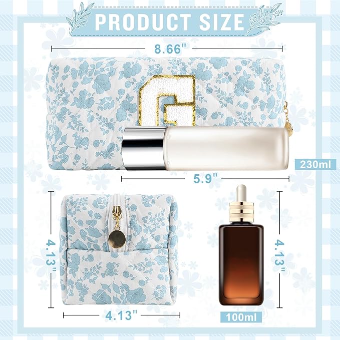 Personalized Quilted Cosmetic Bag, Puffy Monogrammed Christmas Birthday Gifts for Women & Girls, Cute initial Floral Makeup Bag Puffer Coquette Bag, Aesthetic Travel Toiletry Zipper Pouch(Blue,G)