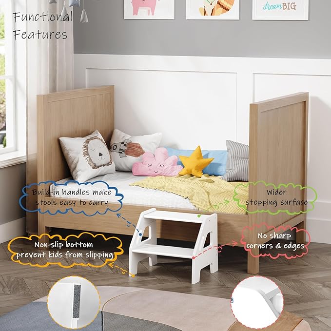 White Wood Toddler Step Stool for Bathroom Sink, 2 Step Kids Stool for Toilet Potty Training, Baby Child Stepping Stool with Handles for Toddlers Nursery Kitchen Counter (White)