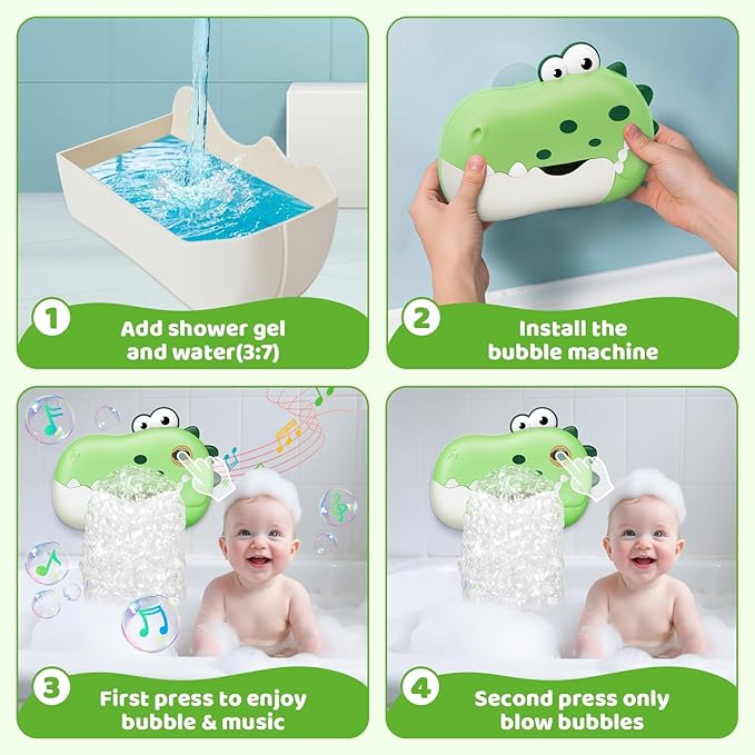 Baby Bath Toys, Rechargeable Dinosaur Bath Bubble Machine with Music, Bathtime Bathtub Toys for Toddlers Christmas Birthday Gifts, Bubble Maker Toys for Kids Ages 1-3 4-8 Baby Gifts(Green)
