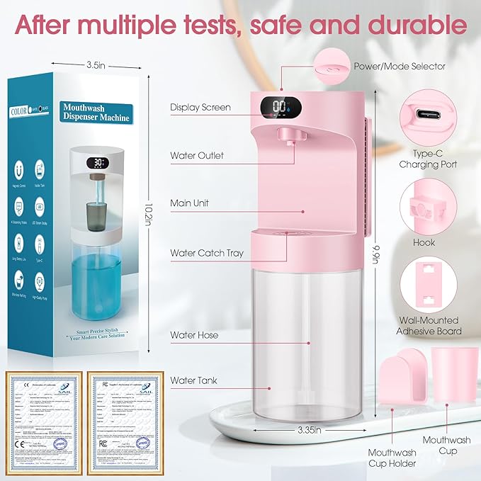 Automatic Mouthwash Dispenser for Bathroom,20.29 oz Touchless Electric Mouth Wash Dispensers Bathroom Accessories Set with 4 Magnetic Cups,4 Modes Wall Mounted Mouth Wash Dispenser for Home & Kids