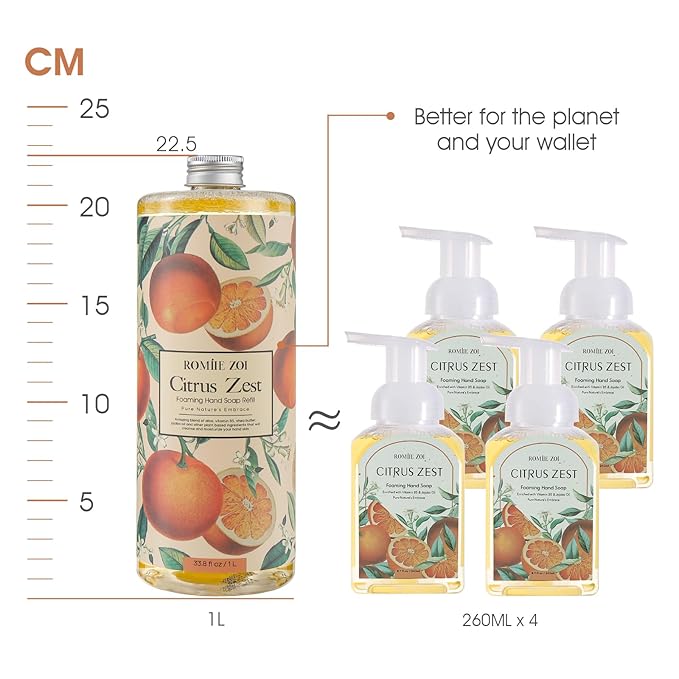 ROMIIE ZOI Citrus Zest Foaming Hand Soap Refill Gift Set – 3 Pack (33.8 Fl Oz Each) with Refillable Dispenser, Moisturizing, Biodegradable & Chemical-Free Formula for Kitchen, Bathroom, Sensitive Skin