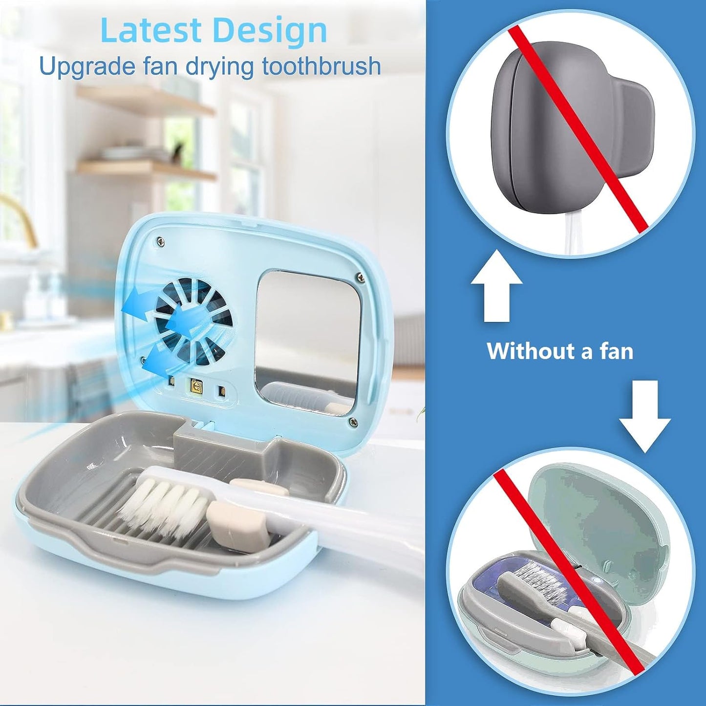 Mini Travel Toothbrush Cover with Air Drying Fan, Toothbrush Travel Case with Drying Lamp Rechargeable Portable Toothbrush Container Toothbrush Holder (Blue)