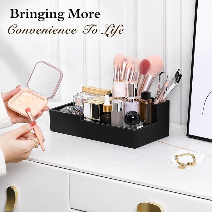 Luxspire Bathroom Counter Organizer - 5 Slot Toothbrush Holder with Lid for Cotton Balls, Q-Tips, Floss - Matte Black