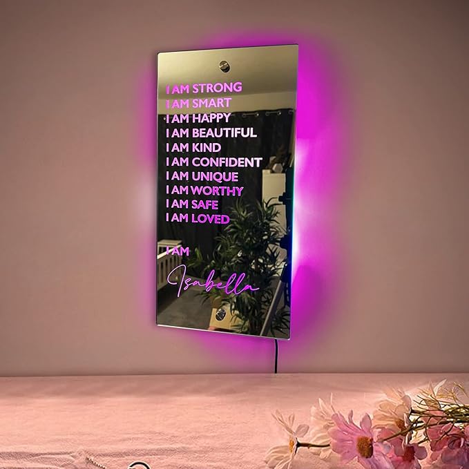 Personalised Name Affirmation Mirror Neon Sign, Custom Acrylic Positive Affirmations Wall for Kids Affirmations Hanging, Men Women Kids Inspirational Inspirational Positive Quotes Sayings Wall Decor