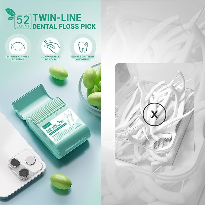 Travel Dental Floss Picks, 3 Cases with 156 Count Mint Flavor Twin-Line Dental Flosser, Portable Floss Case, Portable Floss Dispenser, Travel Floss Sticks for Adults (Green)