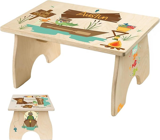 Gone Fishing Step Stool for Toddlers- Bloom Owl Personalized Wood Kids Step Stool with Name for Kitchen Sink, Bathroom, Potty Training, Toilet, Kitchen Sink- Cute, Sturdy and Safe (Fishing)