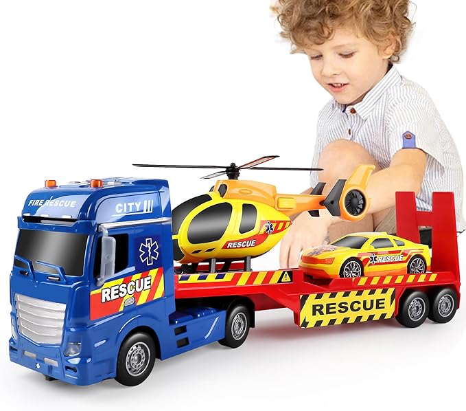 Dwi Dowellin Tow Truck Toy for Kids,25.6" Semi Truck Toy with Racing Car and Helicopter, Semi-Trailer with Lights & Sounds,Birthday Gift for 2 3 4 5 Years Old Boys and Girls