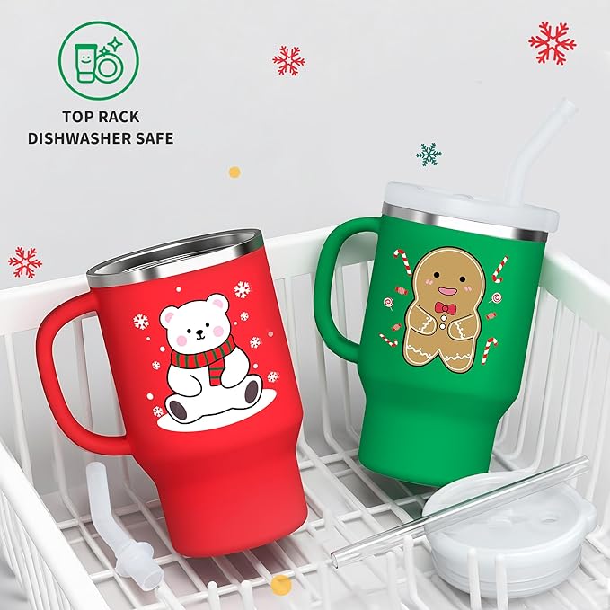 Bella's Friends Christmas Mini Tumbler- 9 0z Toddler Sippy Cup, Flexible Straw, Stainless Interior & Silicone Body, Christmas Gift for 1-3 Years Old Girls & Boys, Gingerbread Man & Polar Bear (2 Pack)