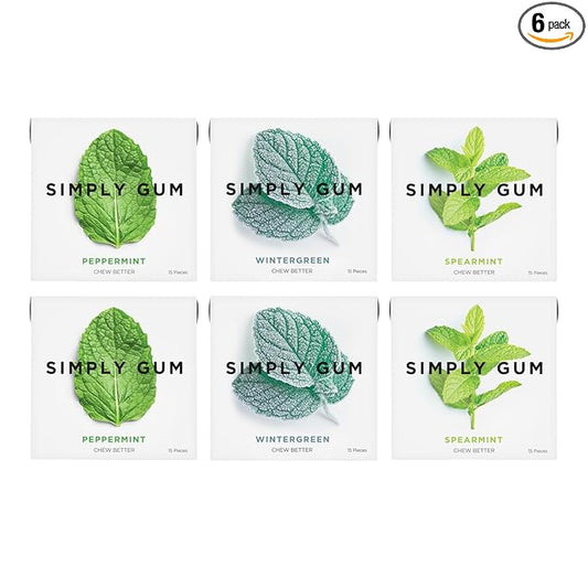 SIMPLY Gum Mint Variety Pack (Peppermint, Spearmint, Wintergreen), Plastic-Free Natural Chewing Gum, 6 Pack (90 Pieces) | Vegan, Kosher, Non GMO, Aspartame Free and Sorbitol Free