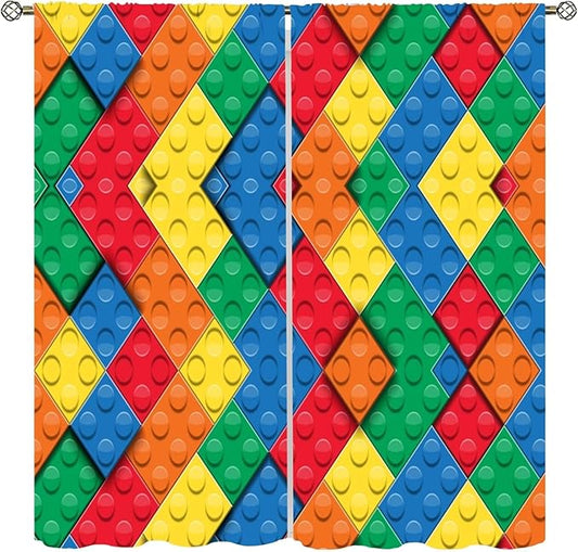 Kids Building Blocks Toy Curtains Boy Girl Room Printed Curtains Abstract Colorful Bricks Children's Nursery Blackout Curtains 63x63 Inches 2 Panels
