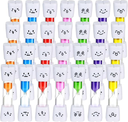 28PCS Brushing Teeth Timer Set, 7 Colors Colorful Hourglass Sand Clock,2mins Cute Smile Face Kids Sand Timer for Classroom Games Home Office,Smiling Toothbrush Timer for Kitchen Cooking, Decoration
