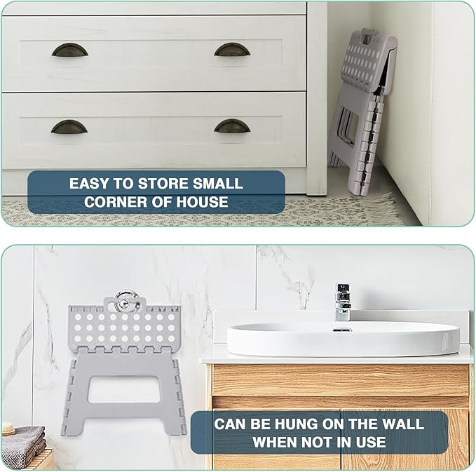 Dyforce 9" Folding Step Stool for Kids and Adults, Collapsible Light-Weight Foot Stools Foldable for Toddler, Kitchen, Bathroom, 300 lb Capacity (Grey)