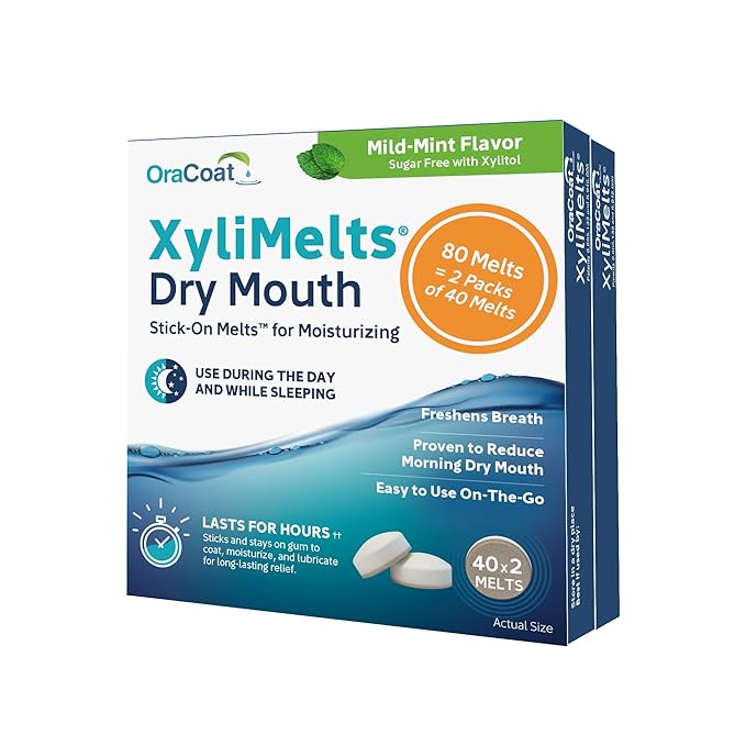 Oracoat XyliMelts for Dry Mouth Night Time or Day - Moisturizing Dry Mouth Adhering Discs, Sugar Free with Xylitol, 80 Count (2 X 40 Twin Pack), Mild Mint Flavor, 8-Hour Relief