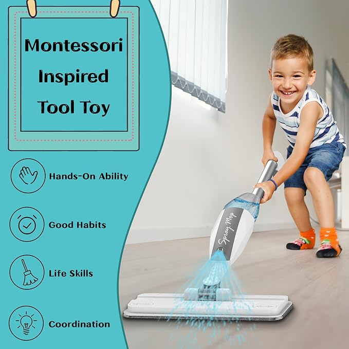Toddler Mop That Works - Kids Spray Mop - Toddler-Size Cleaning Toy Set Small Sweeper, Detachable Mini Mop for Kids, Interactive Pretend Play Montessori Toys Gift for Toddlers Boys Girls