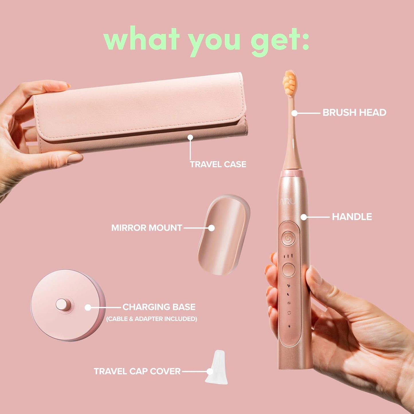 ARU Sonic Toothbrush Starter Kit with Customizable Modes and 2 Minute Timer, ADA-Approved Electric Toothbrush for Adults, Soft Toothbrush for Gums, 45+ Days Battery, Travel Case, Rose Pink