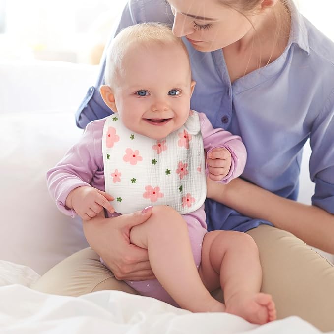 Zainpe 6Pcs Snap Muslin Cotton Baby Bibs Flowers Strawberry Patterns Infants Drooling Bib Soft Absorbent Adjustable Feeding Burp Cloths for Newborns Boy Girl Toddlers Teething Eating 0 to 36 Months