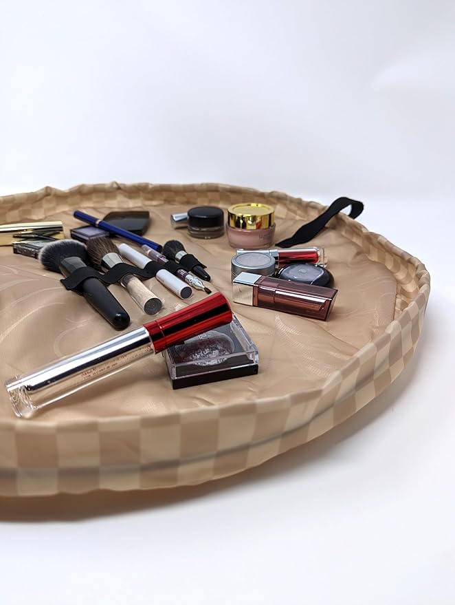 Lay-n-Go Cosmo Layflat Drawstring Cosmetic & Makeup Bag Organizer - Portable Drawstring Bag w/Zipper Pocket, Makeup Loops & More - Durable, Machine Washable Toiletry Bag for Travel (20", Checked)