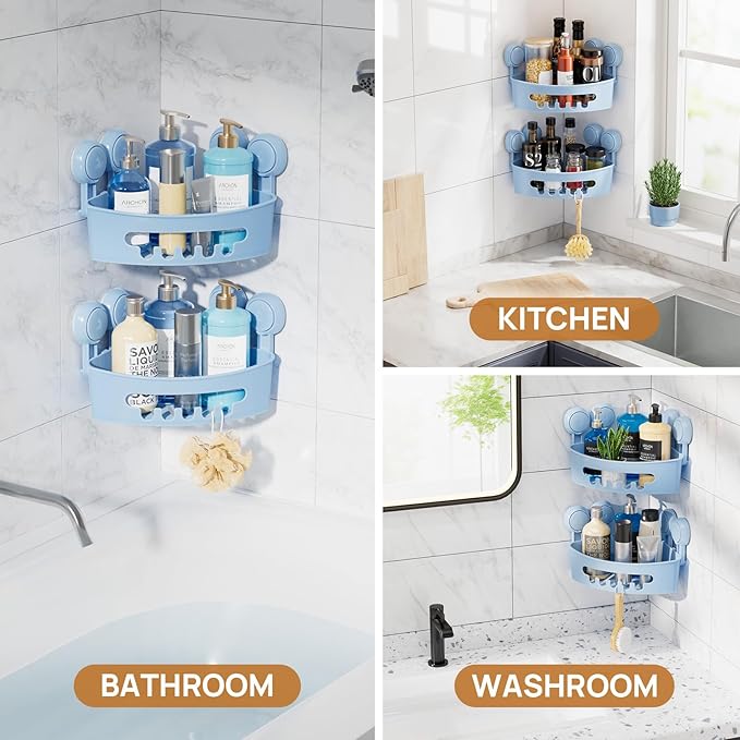 LEVERLOC Powerful Suction Bathroom Shower Shelf, Waterproof and Rustproof Organizer for Bathroom Storage and Kitchen, No-Drilling Removable, Blue