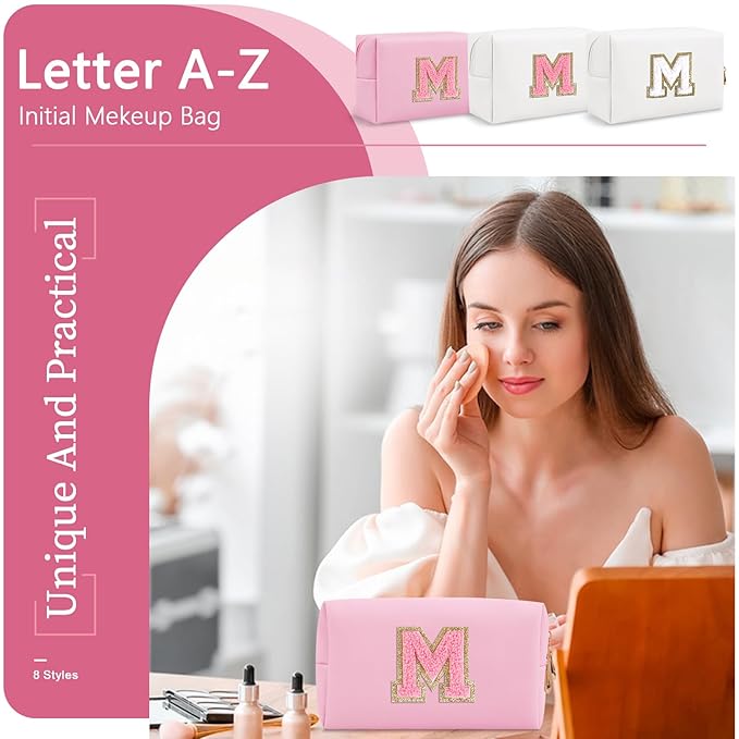 Personalized Initial A-Z Preppy Patch Makeup Bag,Small PU Leather Chenille Letter Cosmetic Bag with Zipper for Teen Girls,Pink Cute Travel Toiletry Bag,Birthday Monogrammed Gift for Daughter,Letter M