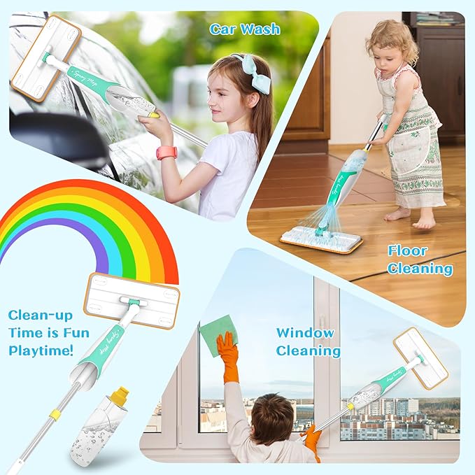 Kids Spray Mop Toy – Toddler Cleaning Set with Real Water Sprayer, Microfiber Mop Pads & Scraper – Pretend Play Montessori Cleaning Toys Gift for Preschool Toddlers Kids Boys and Girls