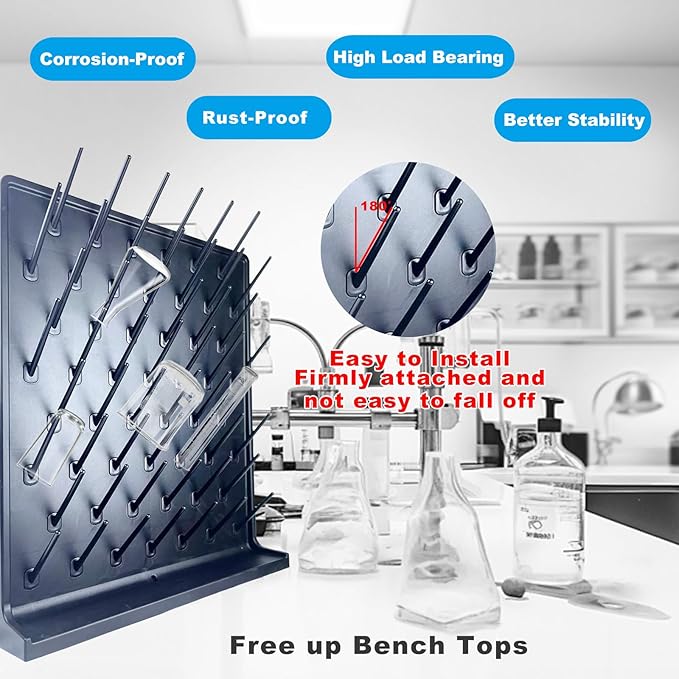 Lab Drying Rack 52 Pegs Laboratory Cabinets Glass Drying Racks Wall-Mount Black Cleaning Frame for School Laboratory Utensils Hidden Installation