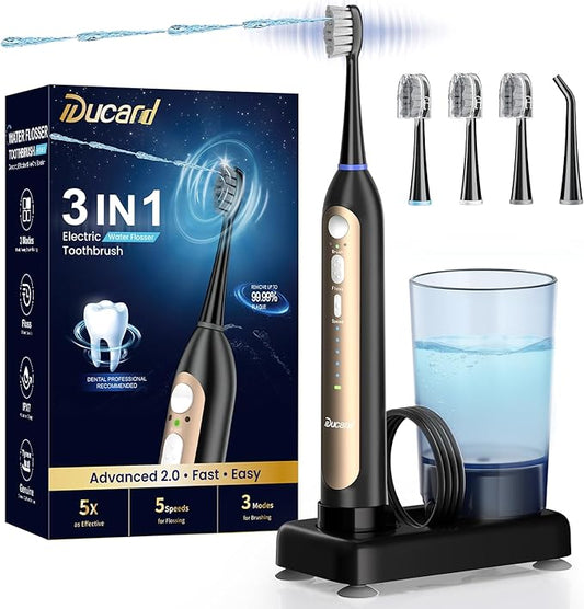 Electric Toothbrush with Water Flosser Combo- Wireless Charging Flossing Toothbrush- All in One Sonic Toothbrush with 3 Modes & 5 Flosses- Portable & Powerful Water Flosser for Teeth Cleaning,Travel