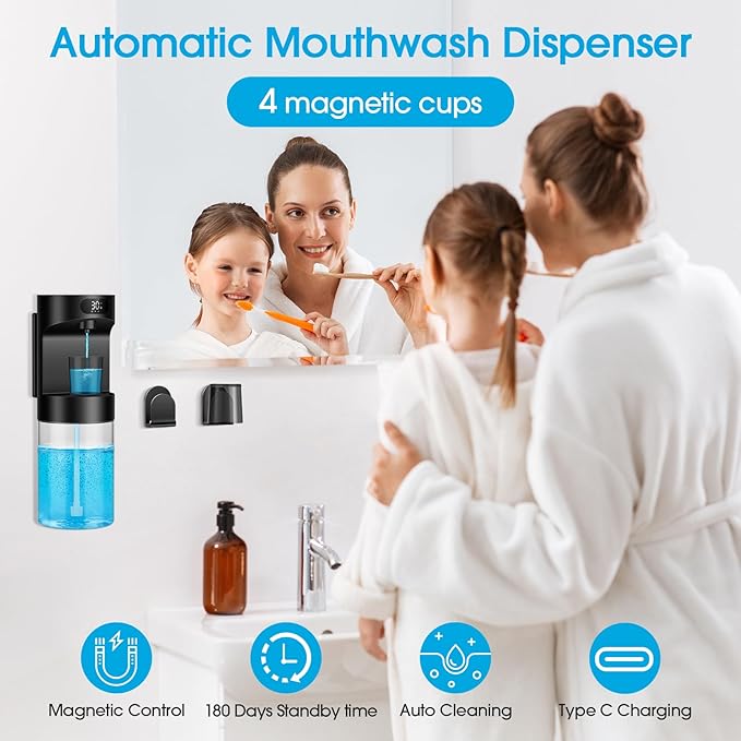 Automatic Mouthwash Dispenser for Bathroom,20.29 oz Touchless Electric Mouth Wash Dispensers Bathroom Accessories Set with 4 Magnetic Cups,4 Modes Wall Mounted Mouth Wash Dispenser for Home & Kids