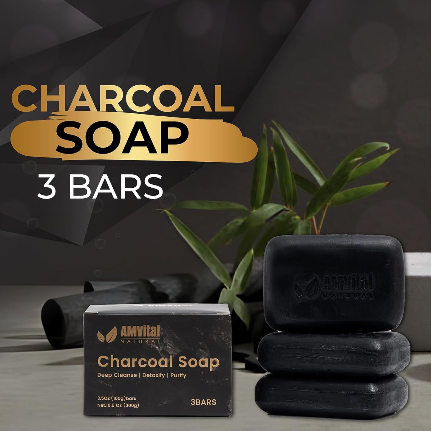 AMVital Natural Charcoal Soap Bar Set - 3-Pack Plant-Based Face & Body Soap for Daily Use - Deep-Cleansing Bar Soap for All Skin Types - Vegan Gift Set for Men & Women