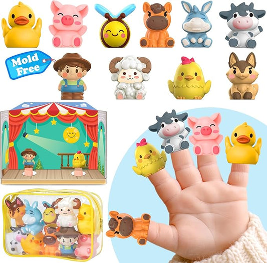 Oriate Animal Farm Finger Puppets, Bath Toys for Kids with Storage Bags, Toddler Toys for Story Time Stuffer with Puppet Theater, Educational Travel Kit Party Favors 12m+ 10Pcs
