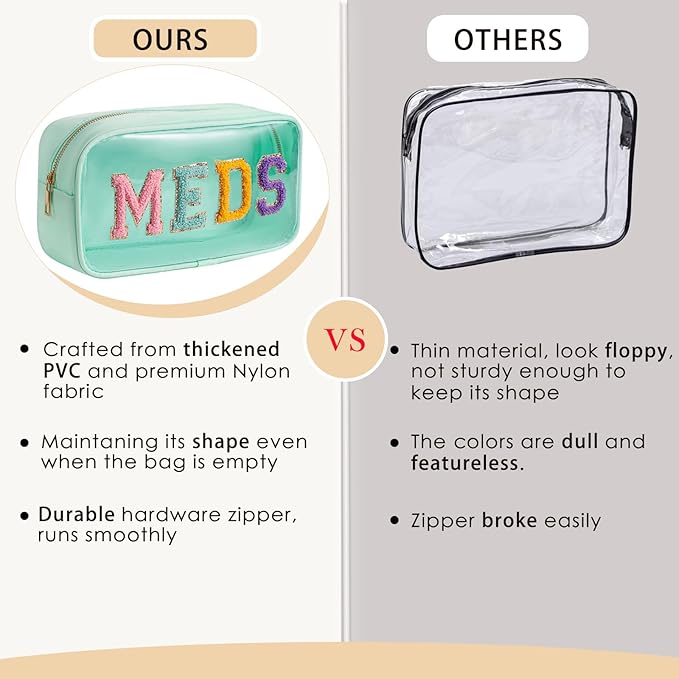 2Pcs Large Chenille Letter Clear Medicine Makeup Bag Set,Nylon PVC Waterproof Rx Meds Pouch with Metal Zipper, Cute Drug First Aid Travel Organizer for Women Girls(2pcs Mint)