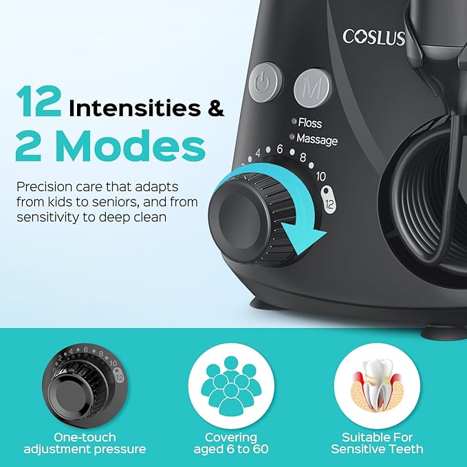 COSLUS Excellent Water Flosser for Teeth Cleaning: 12 Pressure Settings & 2 Modes for Orthodontic, Braces, Sensitive - Patented Storage, 5 Jet Tips and 600ML Tank for Family, Home Use, Black, E2