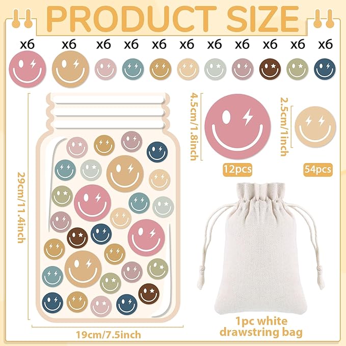 Magnetic Smile Face Reward Jar for Kids 68Pcs Boho Smiley Faces 1 Storage Bag Reward Jars Positive Behavior Chart Behavior Management Classroom Tools for Students Teachers Back to School Supplies