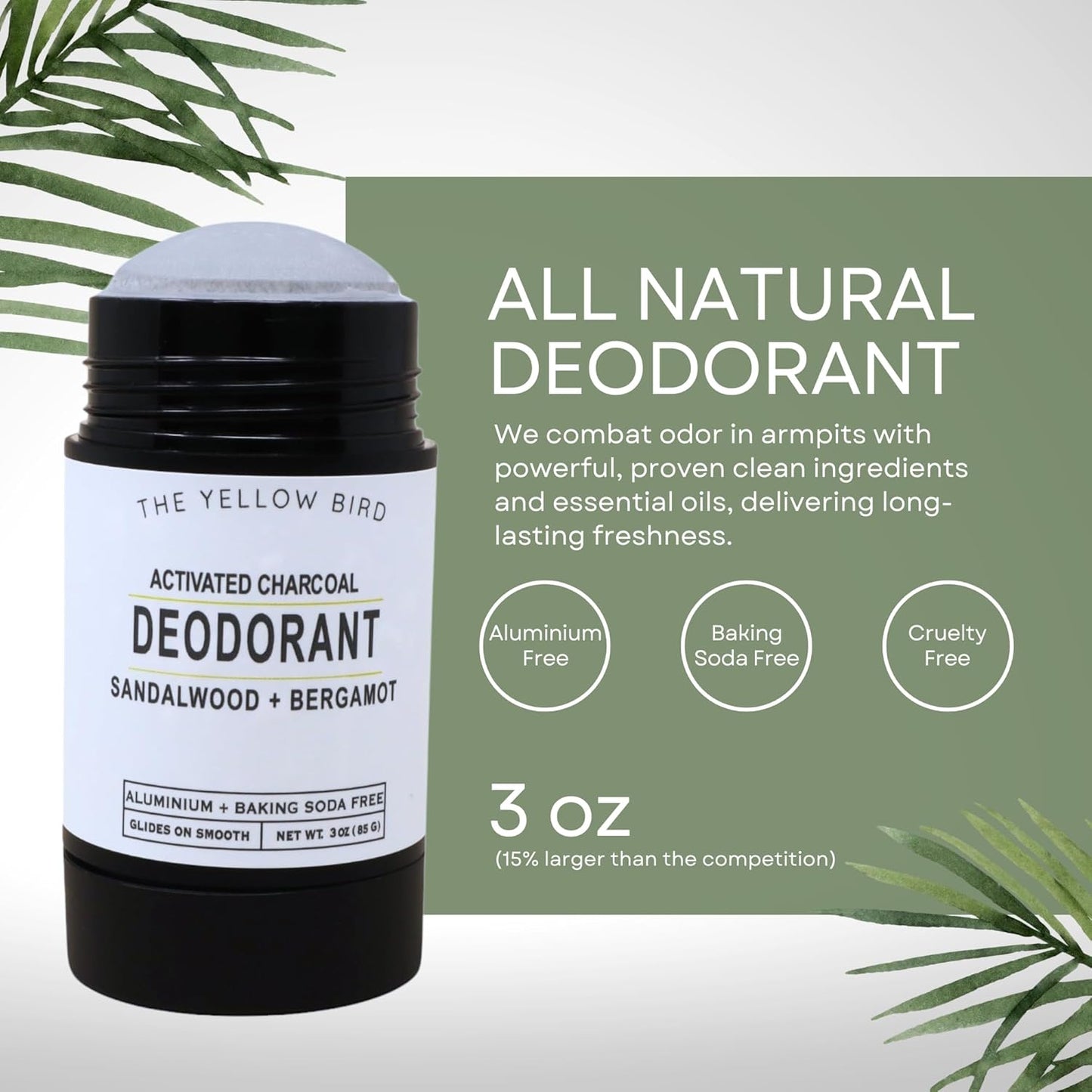 Sandalwood & Bergamot Natural Deodorant – Aluminum-Free, Baking Soda-Free Stick, Sensitive Skin Formula with Activated Charcoal – 3 oz, For Men, Women, Teens - Made in USA