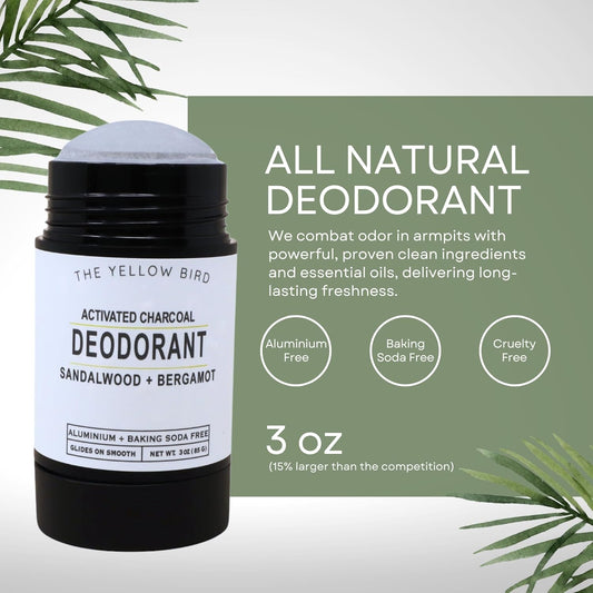 Sandalwood & Bergamot Natural Deodorant – Aluminum-Free, Baking Soda-Free Stick, Sensitive Skin Formula with Activated Charcoal – 3 oz, For Men, Women, Teens - Made in USA
